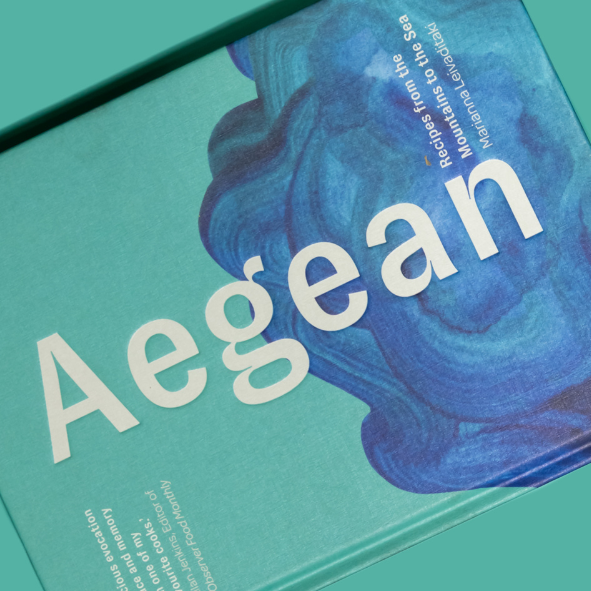 Book titled 'Aegean' with blue cover and text on a teal background