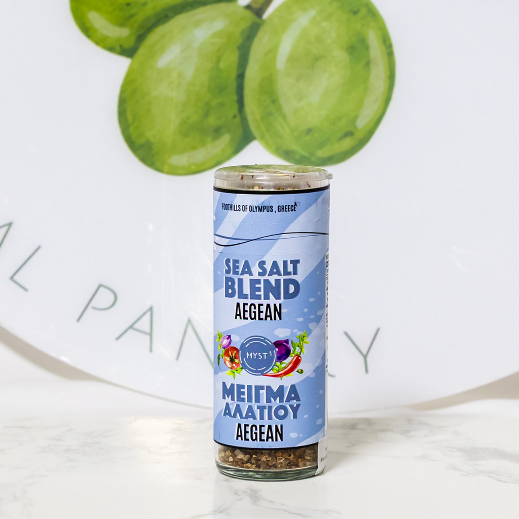 Sea salt blend container with a blue label on a white surface