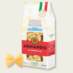 Armando farfalle pasta package on a light beige background
