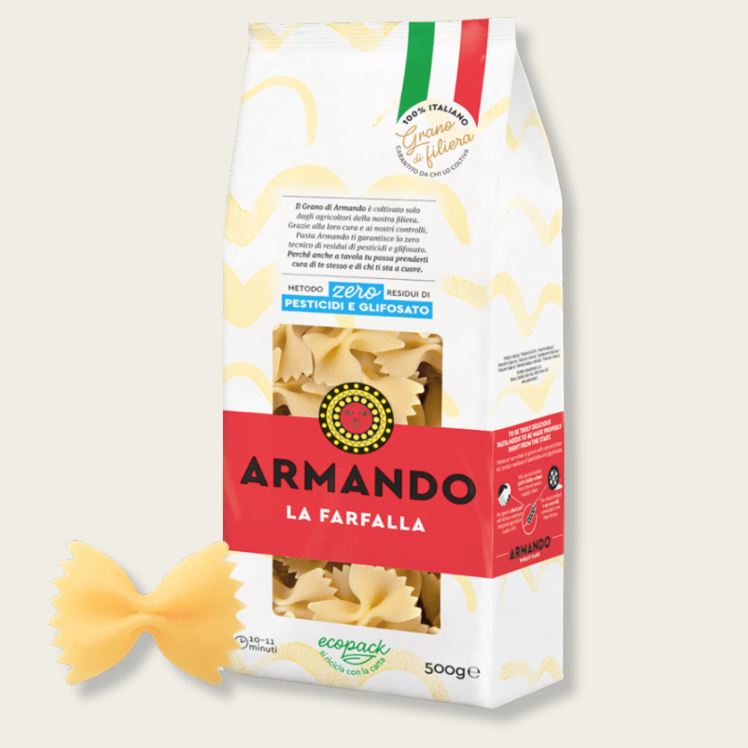 Armando farfalle pasta package on a light beige background