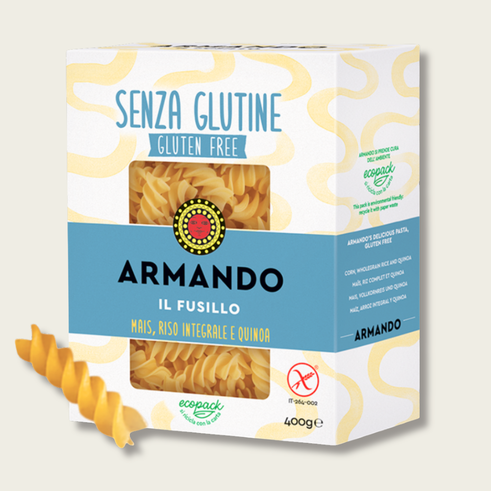 Gluten-free pasta package with Armando branding on a light background