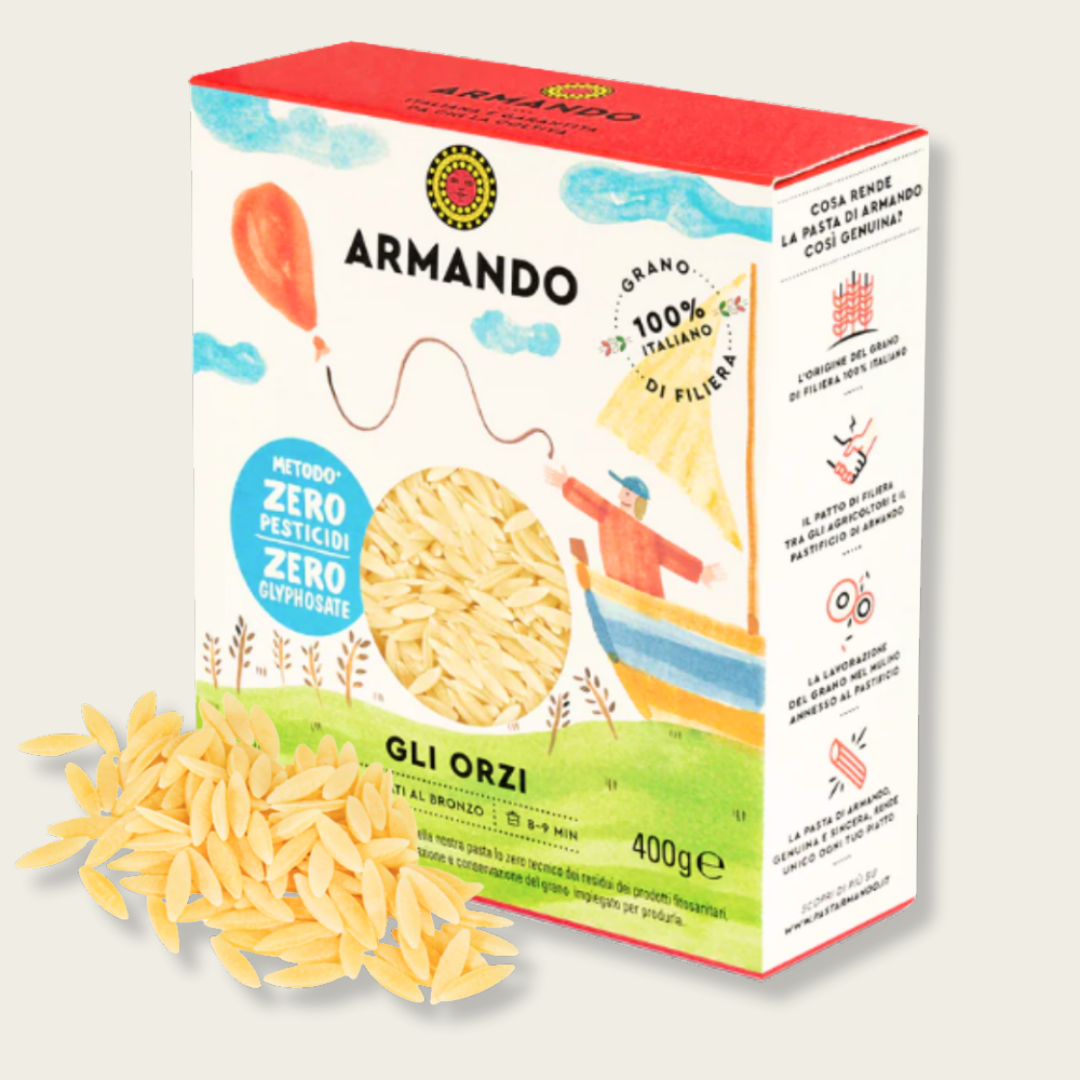 Box of Armando pasta with a colorful design on a white background