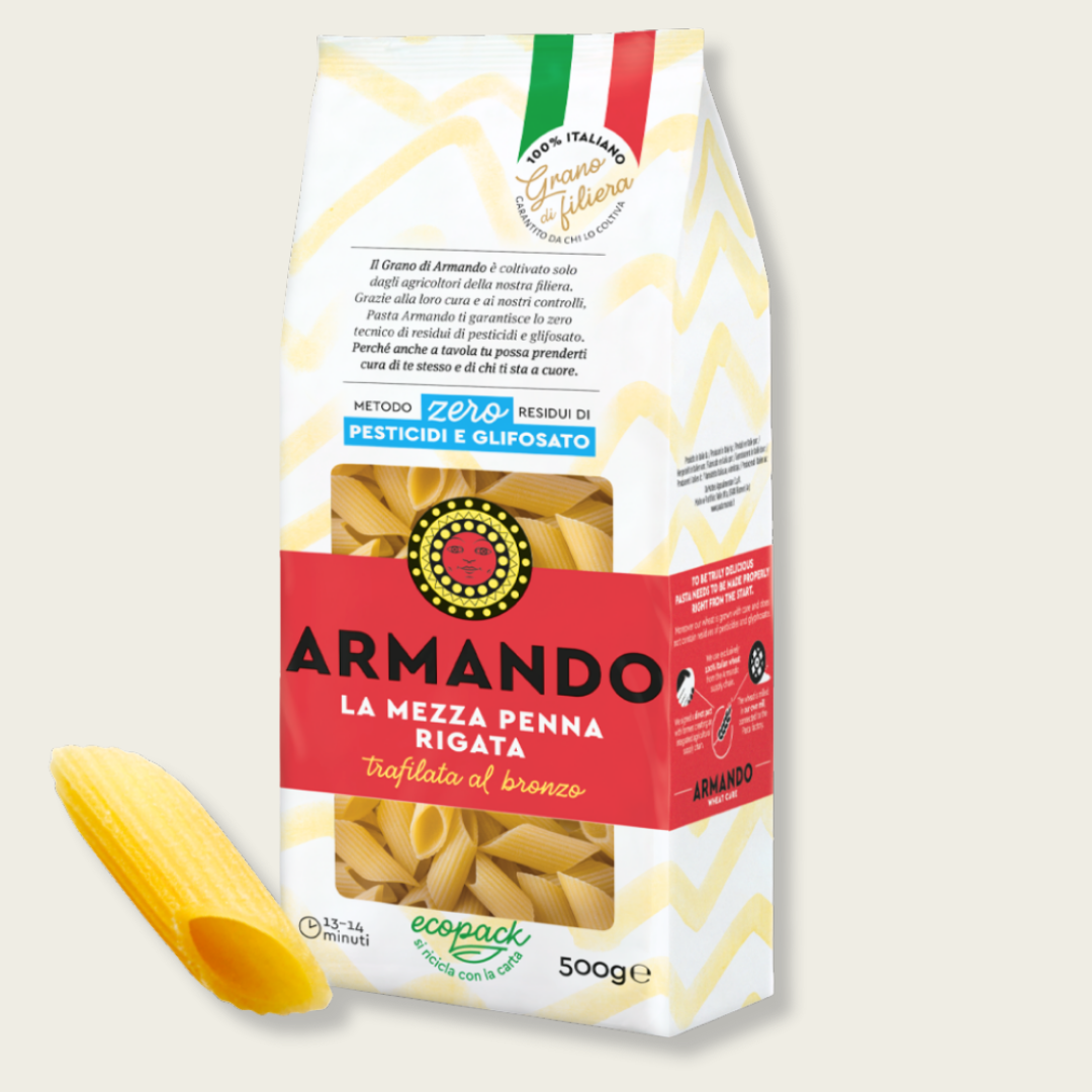 Pasta package with Armando branding on a light beige background
