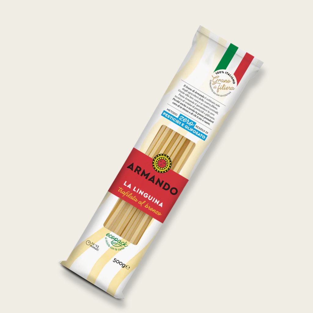 Pasta package with Armando branding on a light beige background