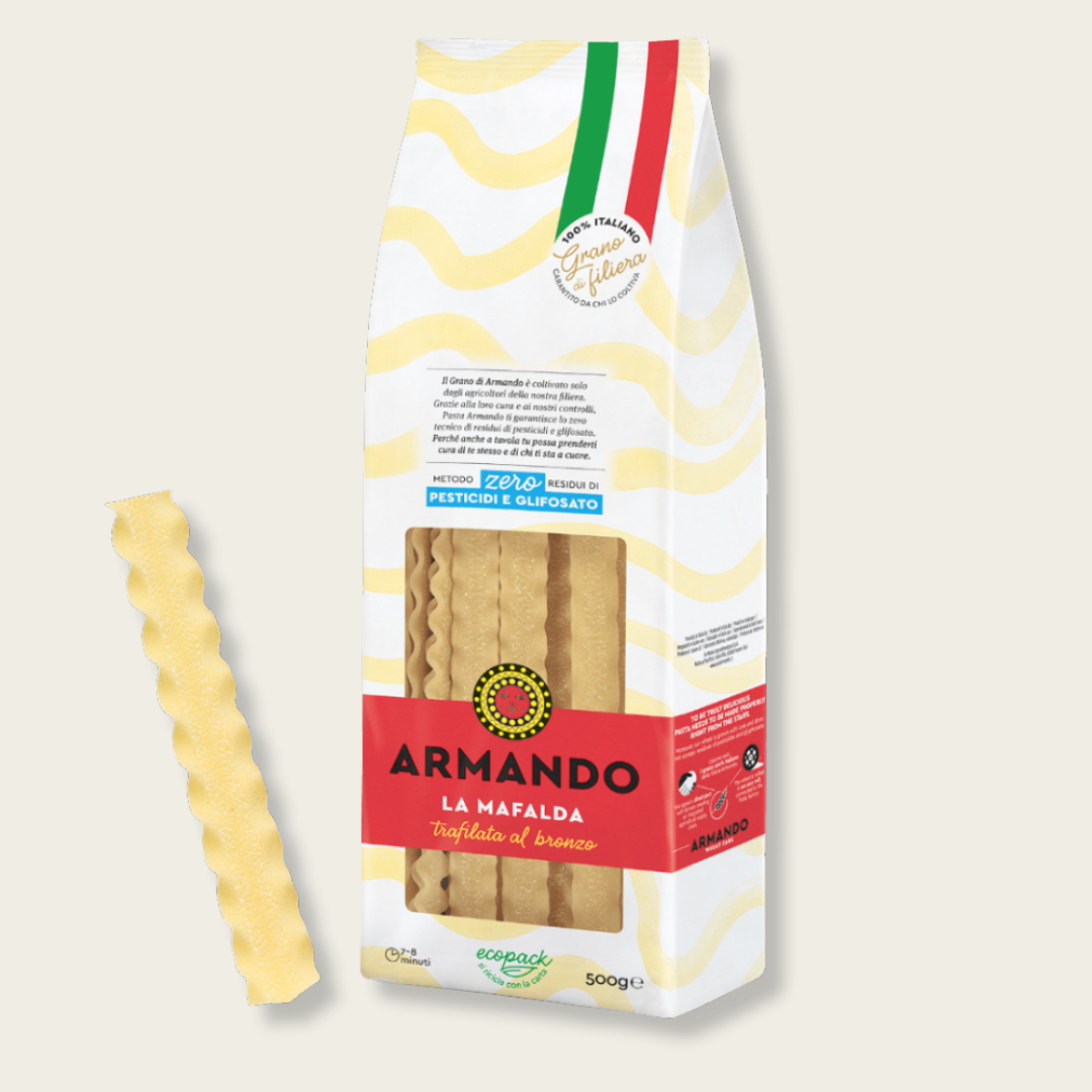 Packaged pasta with Armando branding on a light background