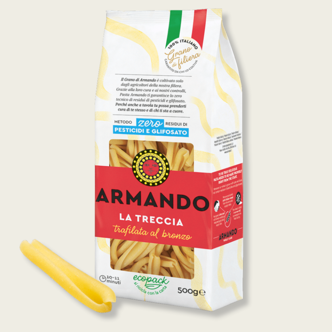 Pasta package with 'Armando' branding on a light background