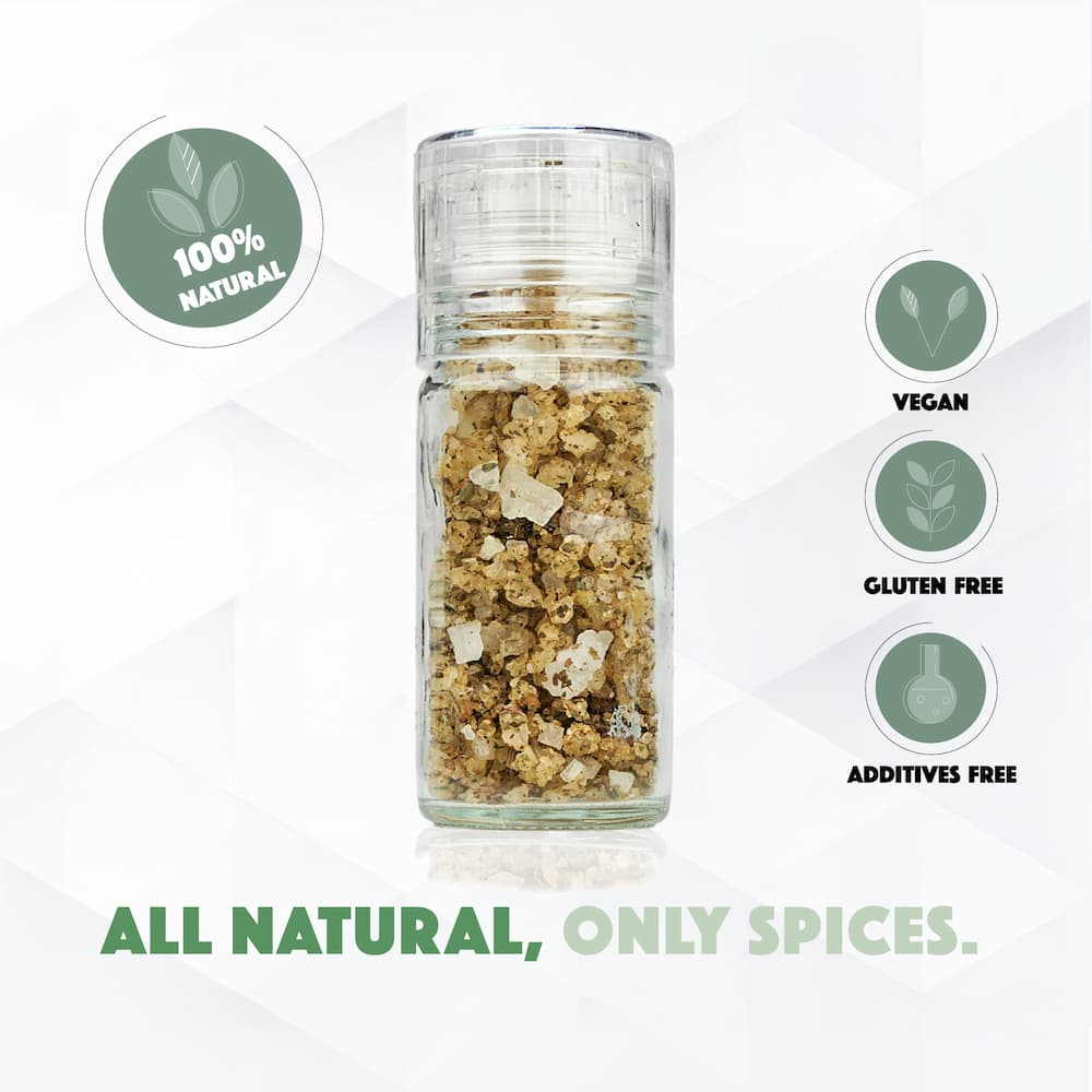Glass spice jar with spices, surrounded by green certification icons on a white background.