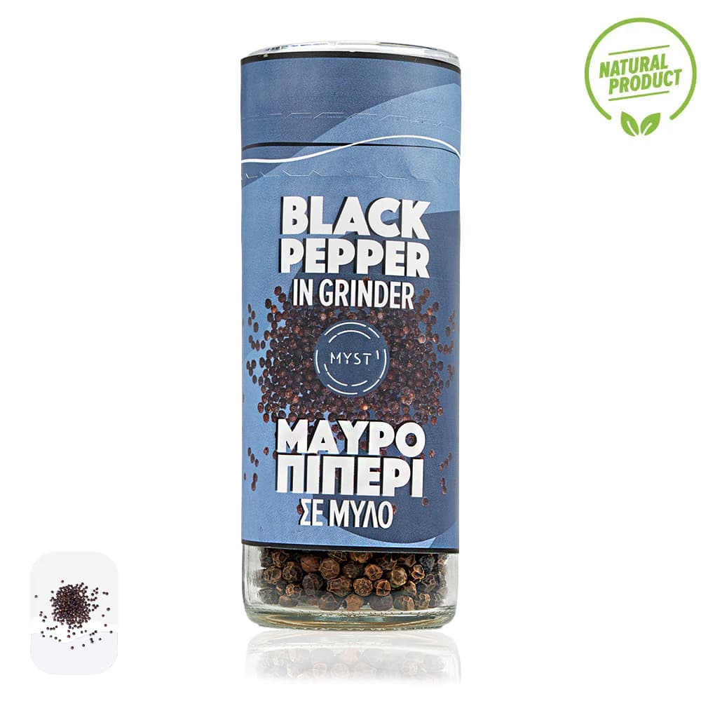 Black pepper grinder with blue label on a white background