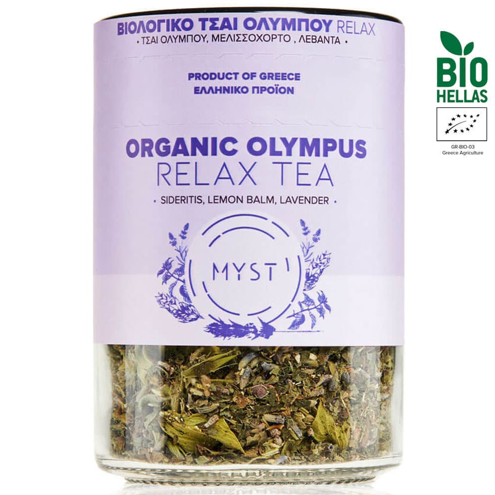 Organic Olympus Relax Tea packaging with visible brand logo on a white background