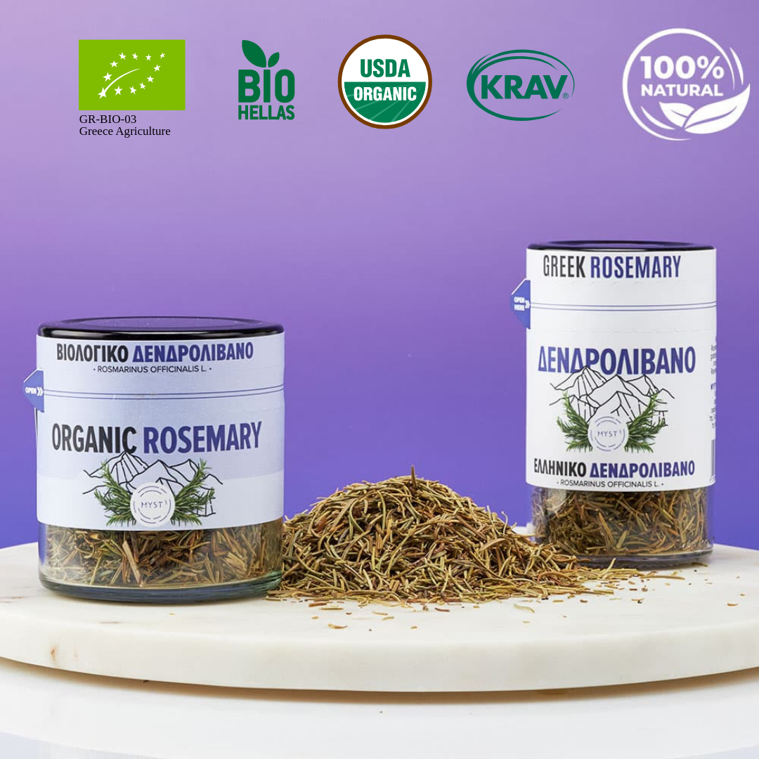 Organic rosemary containers with certification logos on a purple background