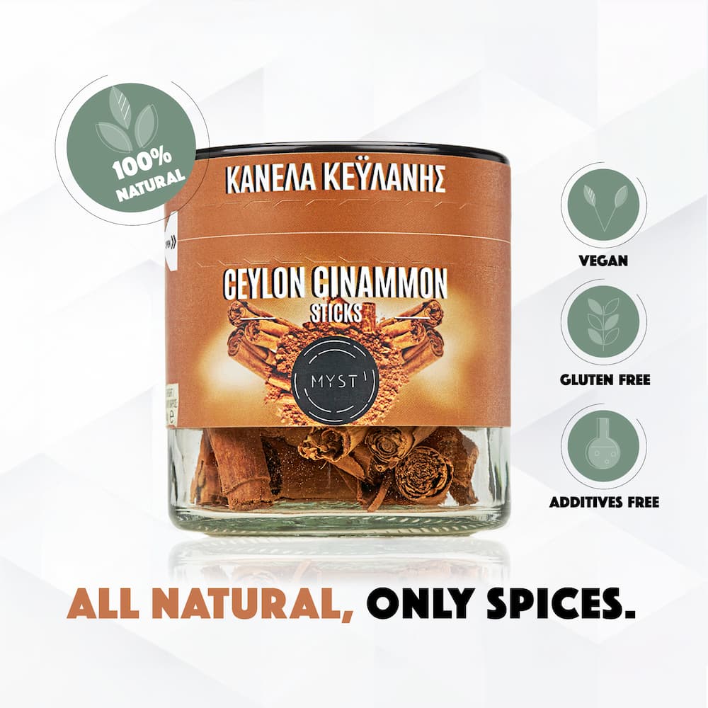 Jar of Ceylon cinnamon sticks with branding and health benefits on a white background