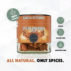 Jar of Ceylon cinnamon sticks with branding and health benefits on a white background