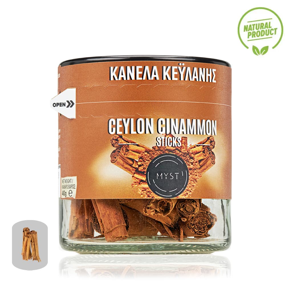Jar of Ceylon cinnamon sticks with a brown label on a white background