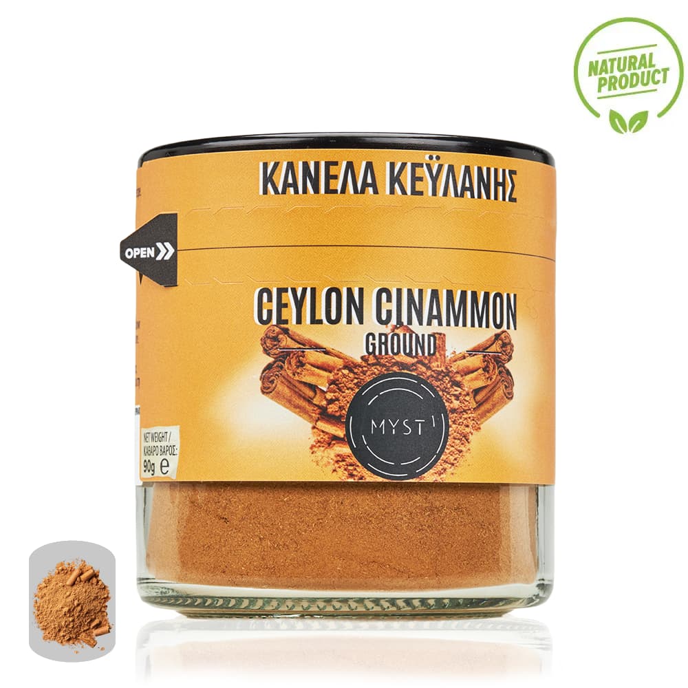 Jar of ground Ceylon cinnamon with a yellow label and 'Myst' branding.