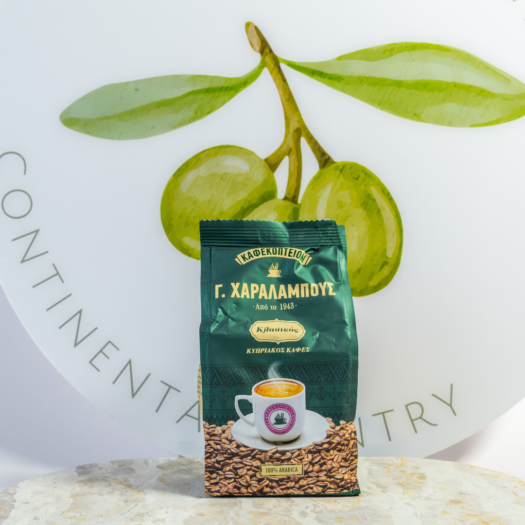 Green coffee package with a cup and saucer graphic on a white background