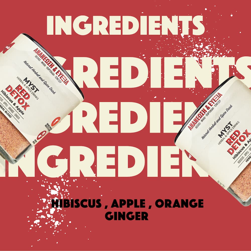 Two containers of Myst Red Detox on a red background with 'INGREDIENTS' text.