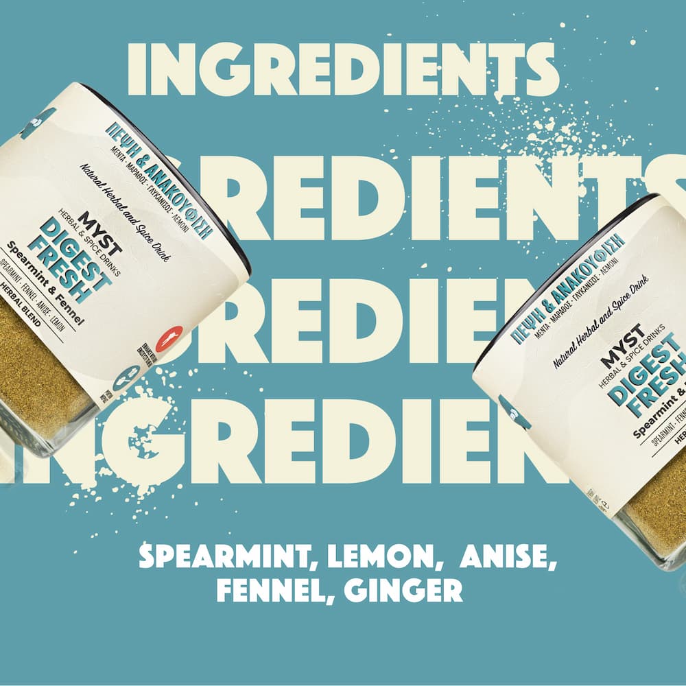 Two containers of 'Myst Digest Fresh' with spearmint, lemon, anise, fennel, and ginger on a blue background with 'INGREDIENTS' text.