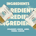 Two containers of 'Myst Digest Fresh' with spearmint, lemon, anise, fennel, and ginger on a blue background with 'INGREDIENTS' text.