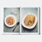 Open book showing two plates of food on a gray surface