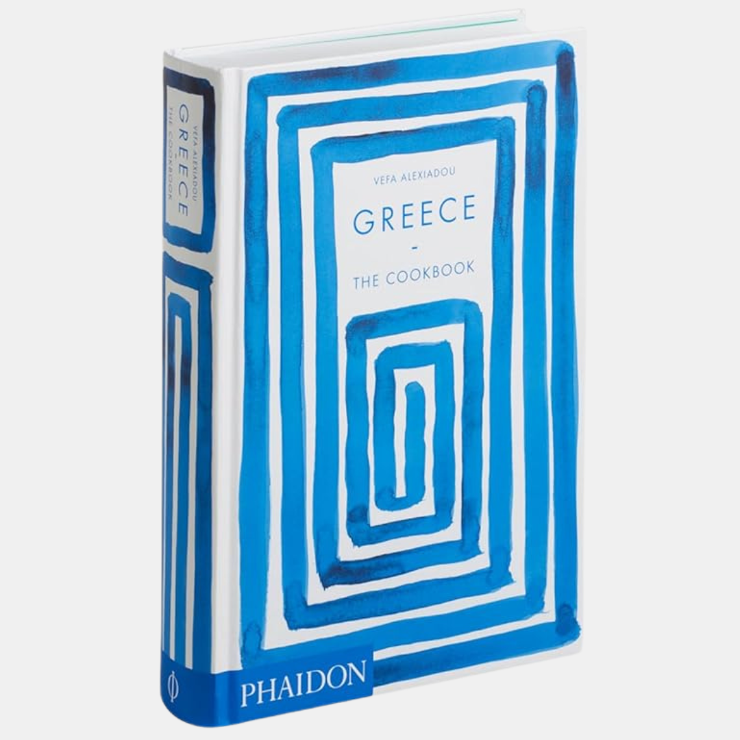 Book titled 'Greece: The Cookbook' by Phaidon with blue and white design
