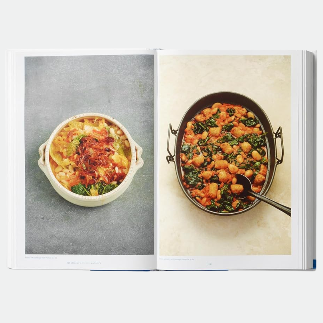 Open book showing two images of food dishes on a white background