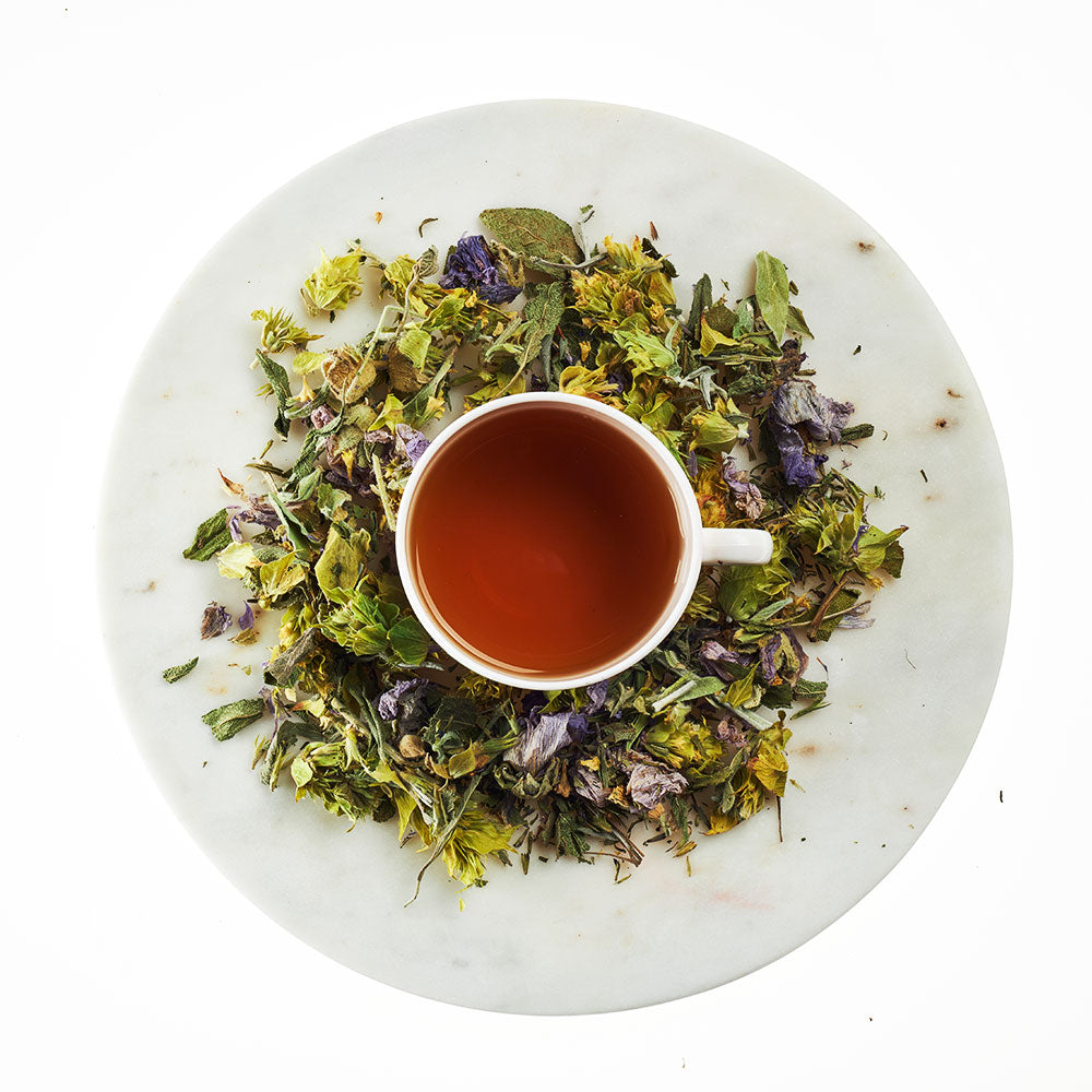 Tea cup surrounded by dried herbs on a marble surface