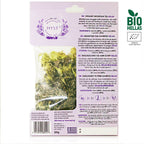 Tea package with green leaves and text on a white background