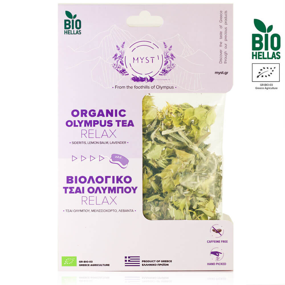 Packaged organic Olympus tea with visible branding on a white background
