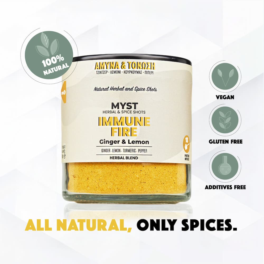 Bottle of 'Myst Immune Fire' with label on a white background
