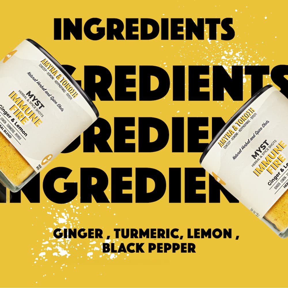 Two containers of a product with visible branding on a yellow background with text about ingredients.