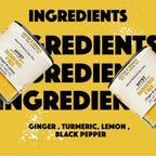 Two containers of a product with visible branding on a yellow background with text about ingredients.