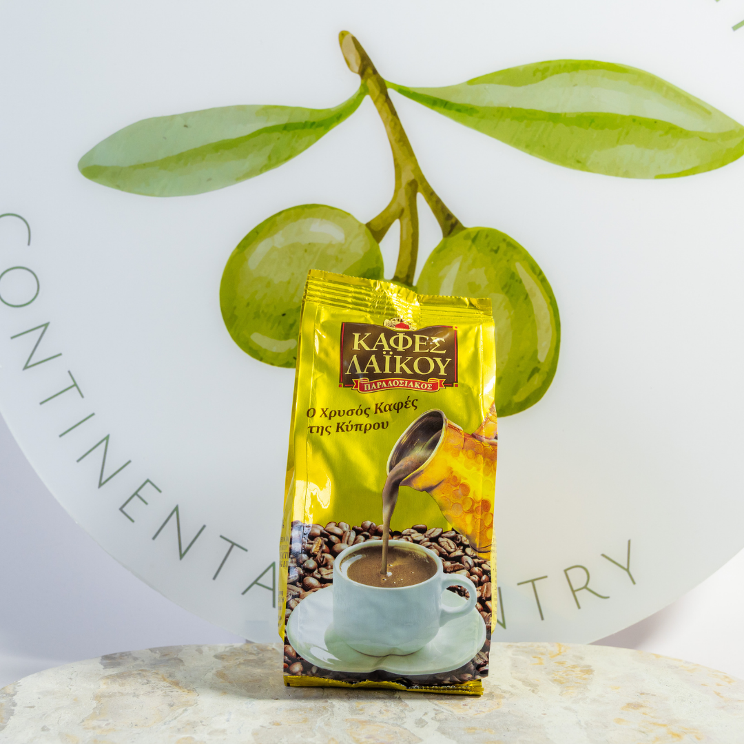 Kaffe Laiou coffee package with a cup and beans on a decorative background