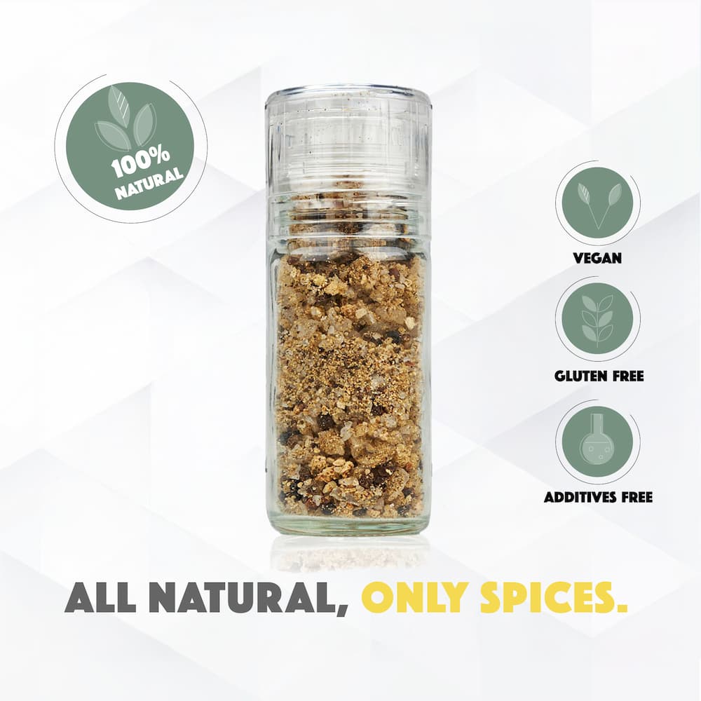 Glass container of spices with health benefits icons on a white background