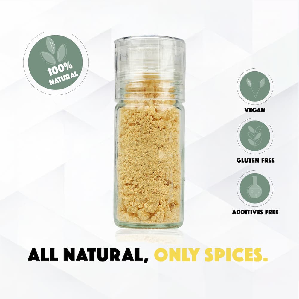 Glass spice jar with brown spice, surrounded by green icons indicating '100% natural', 'Vegan', 'Gluten Free', and 'Additives Free'.
