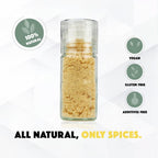 Glass spice jar with brown spice, surrounded by green icons indicating '100% natural', 'Vegan', 'Gluten Free', and 'Additives Free'.