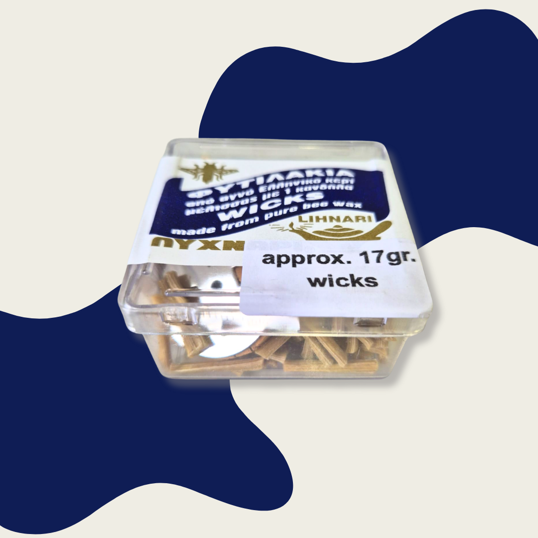 Container of wicks with a blue and white abstract design in the background