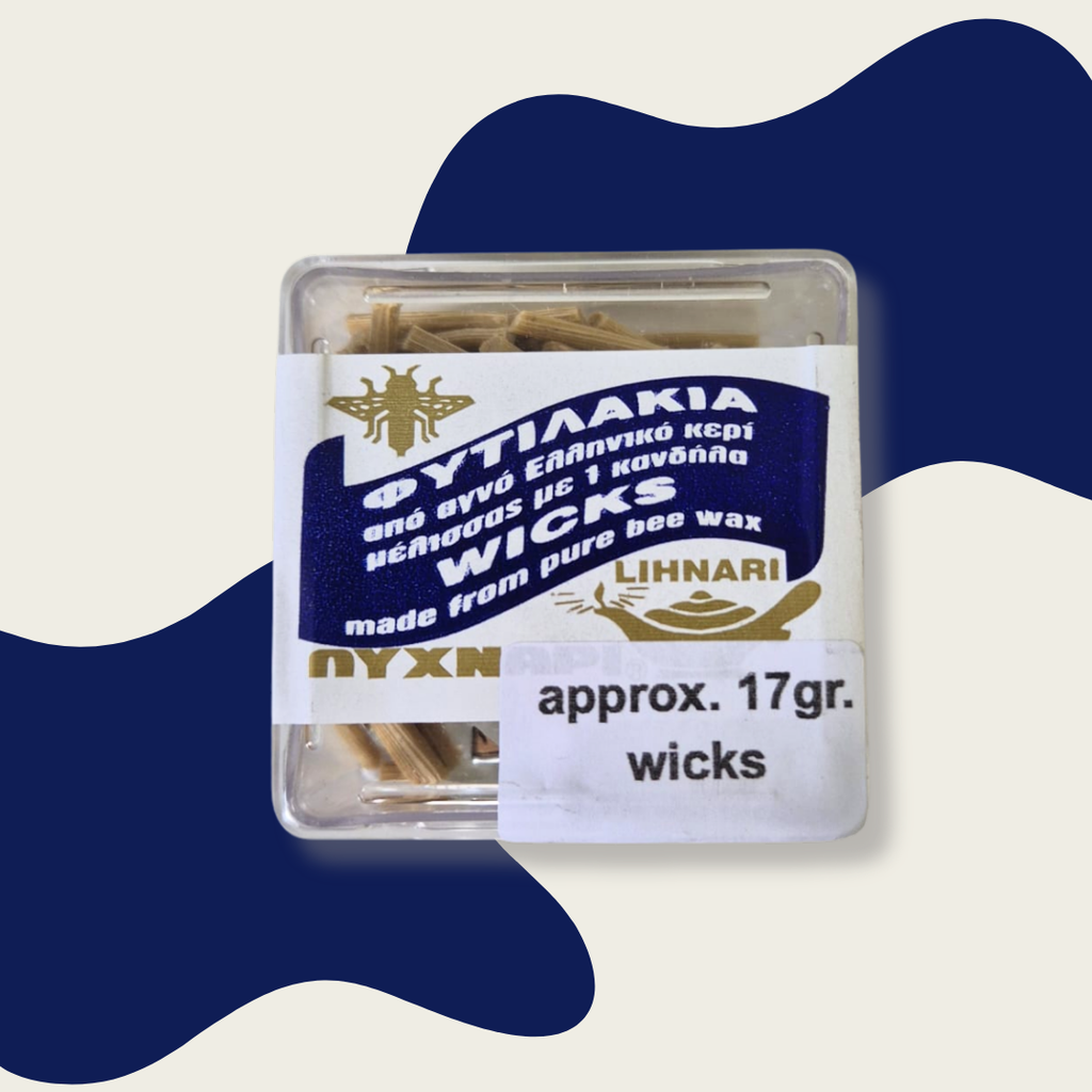 Pack of wicks with a blue and white label on a blue and white abstract background