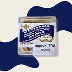 Pack of wicks with a blue and white label on a blue and white abstract background