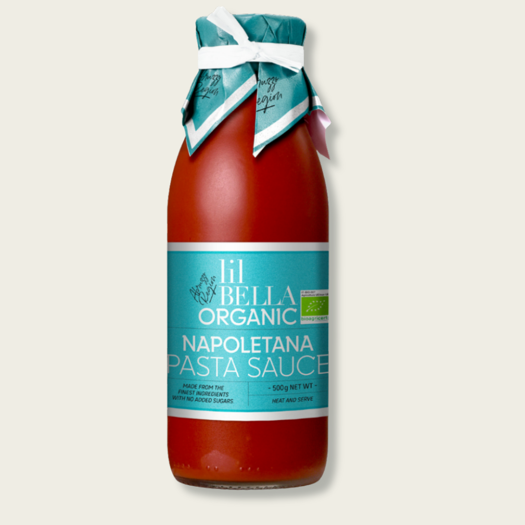 Bottle of lil Bella Organic Napoletana Pasta Sauce with a blue label on a light gray background