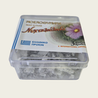 Clear container with a floral label on a white background