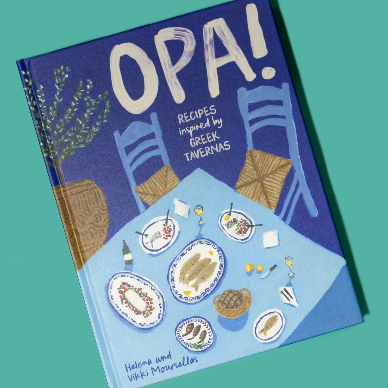 Cookbook titled 'Opa!' with illustrations of Greek taverna scenes on a teal background