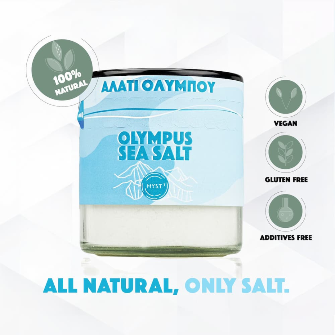 Olympus Sea Salt container with branding and product features on a white background