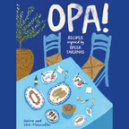 Book cover of 'Opa! Recipes inspired by Greek Tavernas' with a table setting illustration on a blue background.