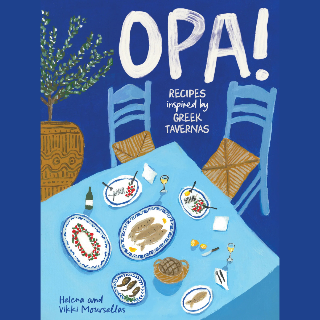 Book cover of 'Opa! Recipes inspired by Greek Tavernas' with a table setting illustration on a blue background.