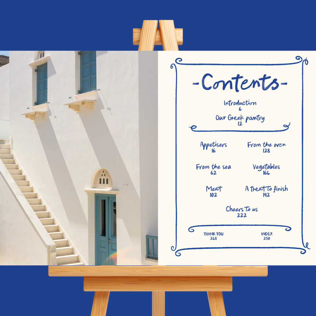 Easel with a book cover featuring a table of contents against a blue background