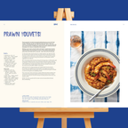 Recipe card for 'Prawn Youvetsi' with a bowl of prawn dish on a blue background