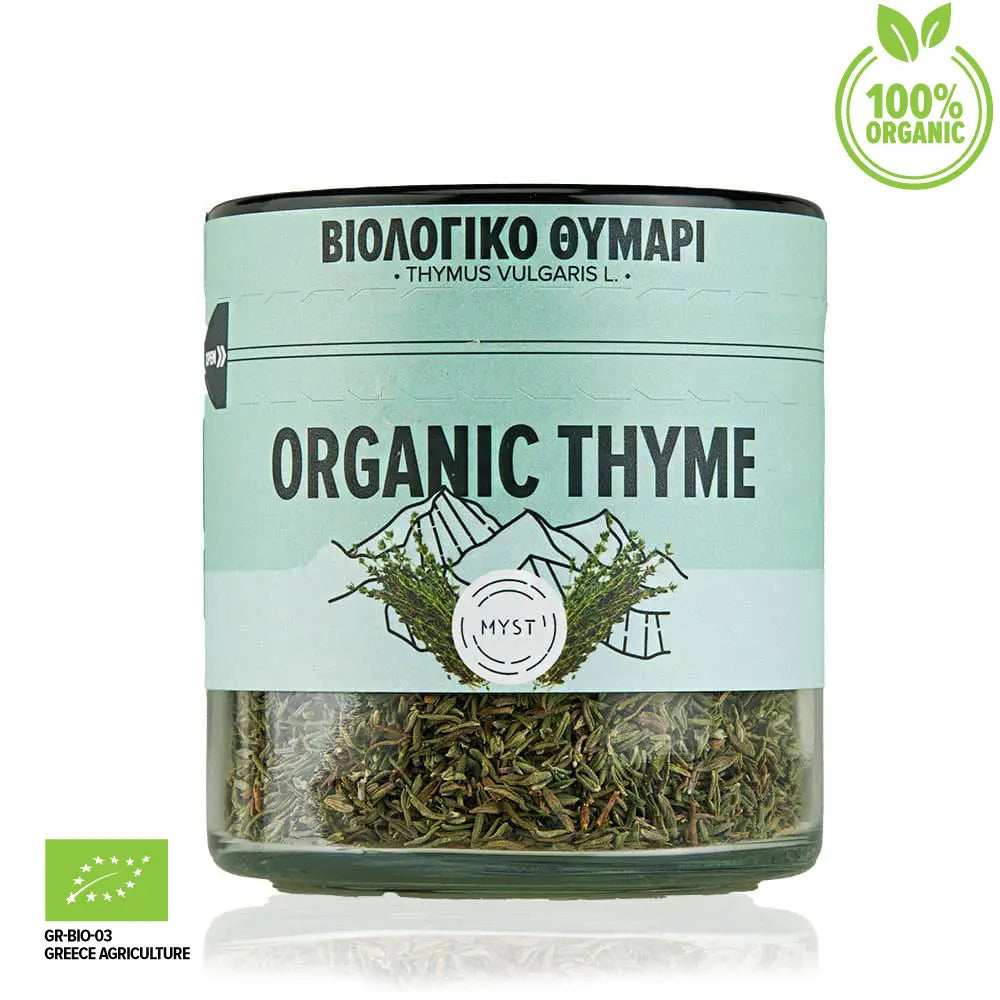 Jar of organic thyme with branding and certification logos on a white background