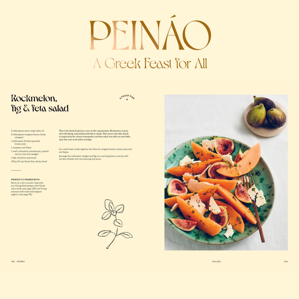 Advertisement for PEINÓO featuring a Greek salad with melon, figs, and feta.