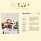 Promotional graphic for 'PEINÓO' with a dish of Melomakarona and text on a beige background