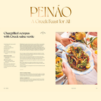 Advertisement for PEINÓO featuring a dish of chargrilled octopus with Greek salsa verde.